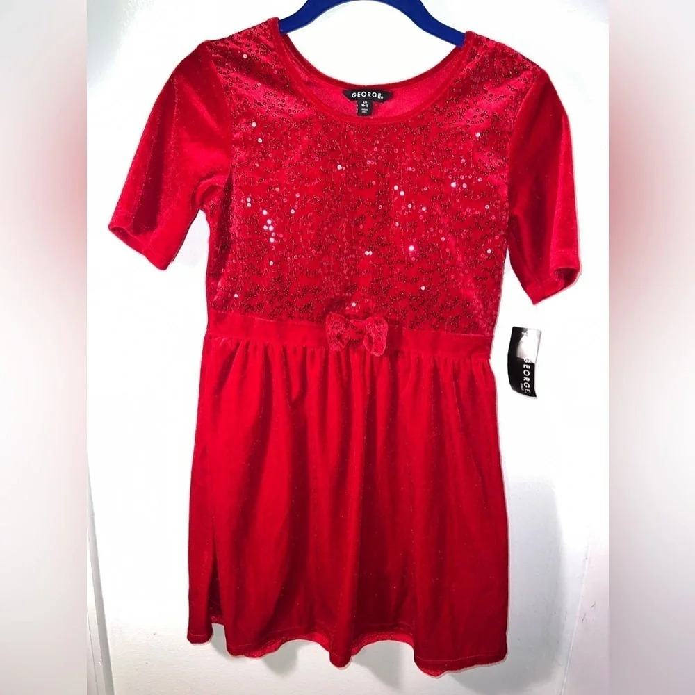 George,girls 10-12, NWT,short‎ sleeve,crushed velour, sequent bow holiday dress